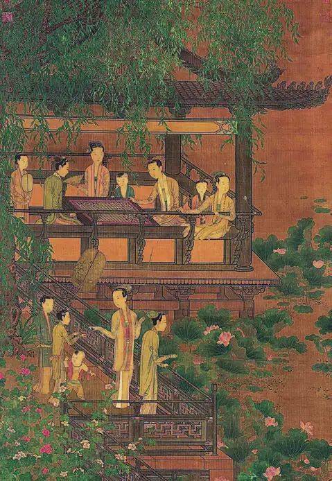 五代  周文矩绘《荷亭弈钓仕女图》在红楼群芳里,唯有林黛玉总是凭栏