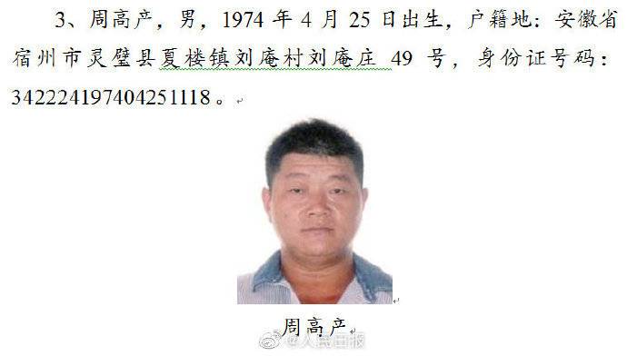 3,周高产,男,1974年4月25日出生,户籍地:安徽省